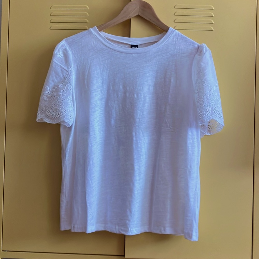 {Shein} White Crochet Sleeve T-Shirt NWOT